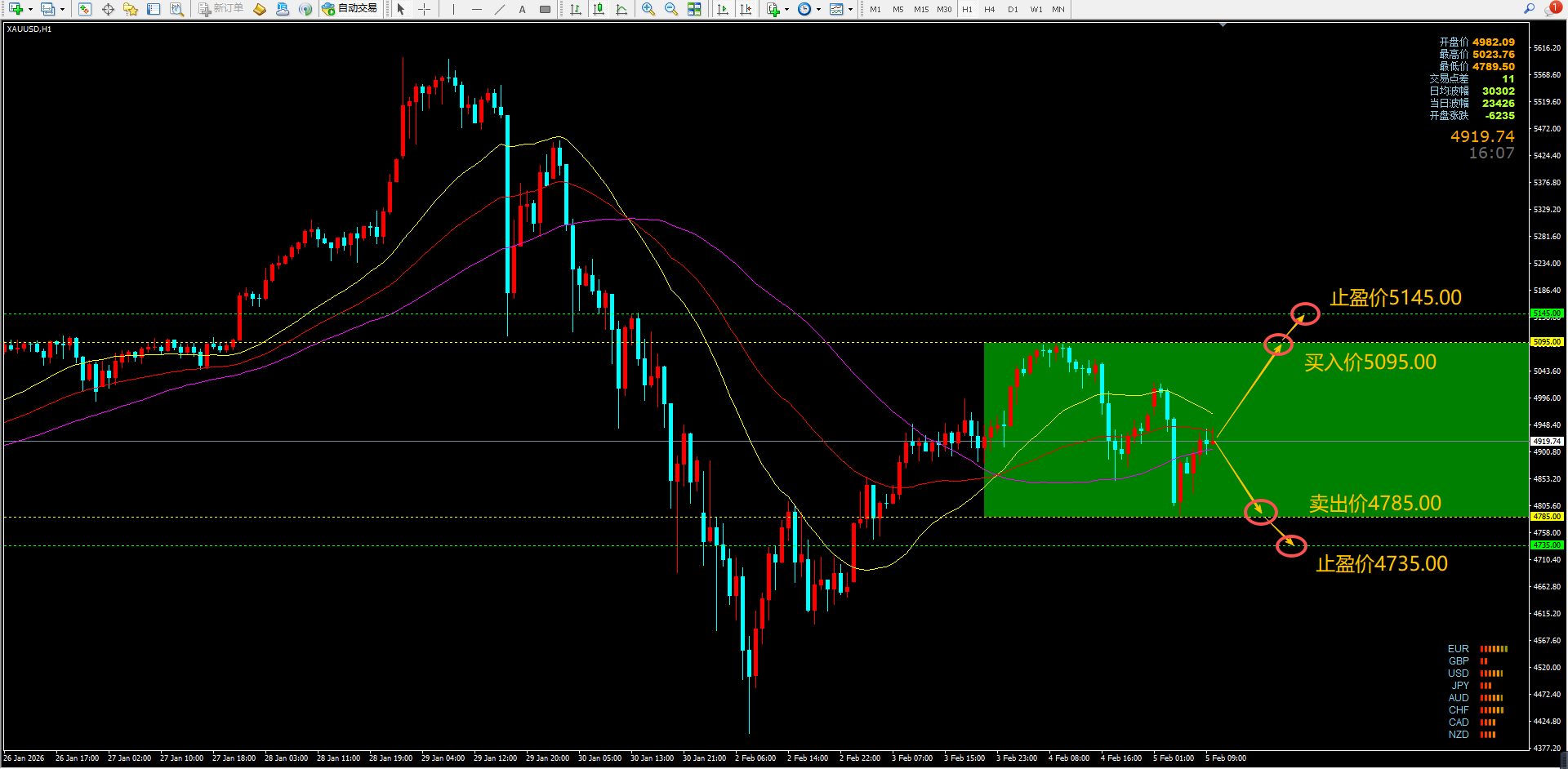 金价亚盘于宽幅区间内震荡，现报4916.00附近。1小时周期图表显示价格处于明确的横盘整理格局，等待方向性突破。